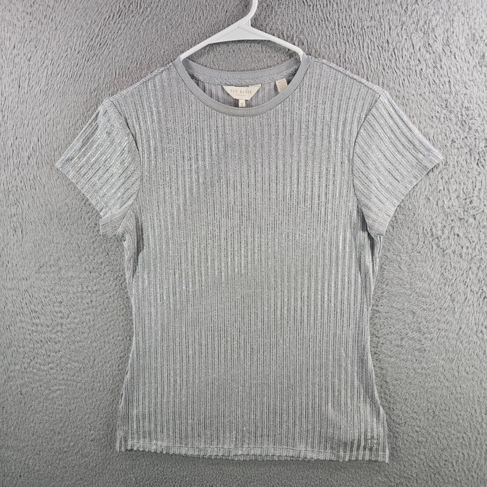 Ted Baker Catrino Silver Metallic Ribbed Short Sleeve Top Size 2